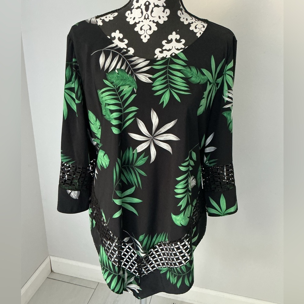 Alfani Tropical Black Blouse with Green Leaf Design Sz L